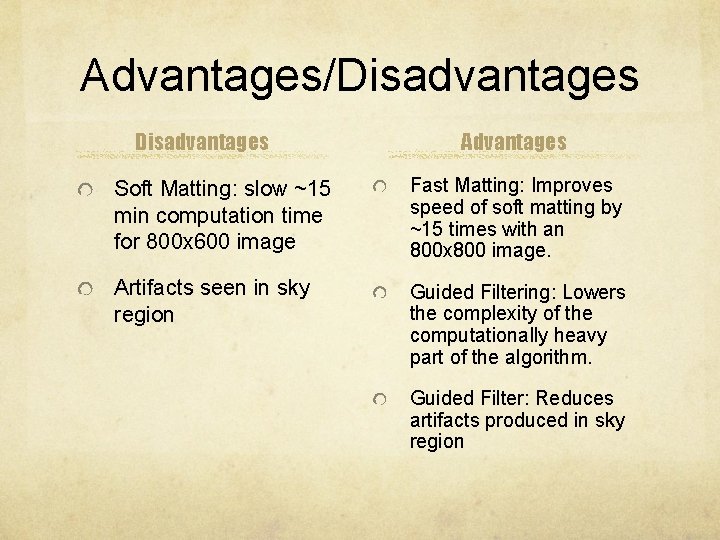 Advantages/Disadvantages Advantages Soft Matting: slow ~15 min computation time for 800 x 600 image