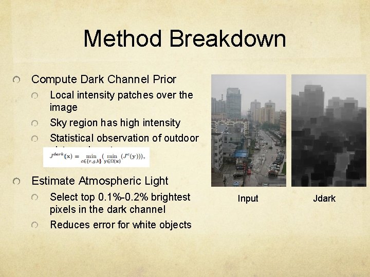 Method Breakdown Compute Dark Channel Prior Local intensity patches over the image Sky region