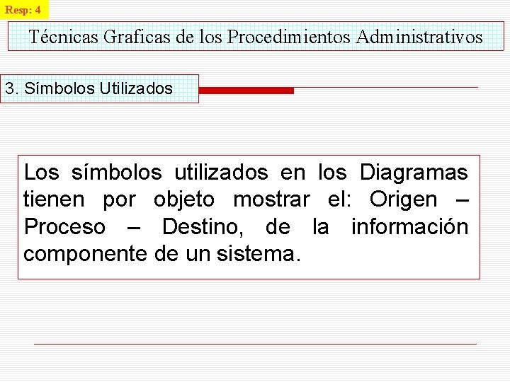 Resp: 4 Técnicas Graficas de los Procedimientos Administrativos 3. Símbolos Utilizados Los símbolos utilizados