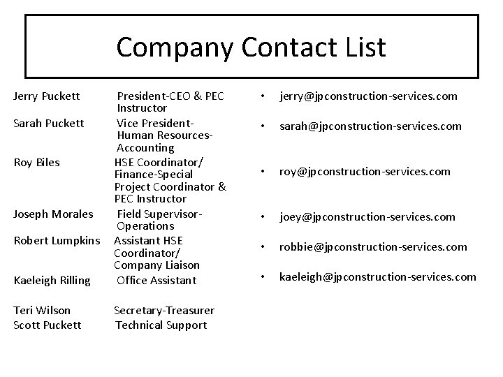 Company Contact List Jerry Puckett Kaeleigh Rilling President-CEO & PEC Instructor Vice President. Human