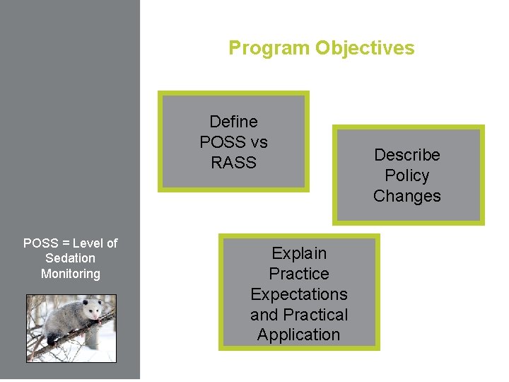 Program Objectives Define POSS vs RASS POSS = Level of Sedation Monitoring Explain Practice