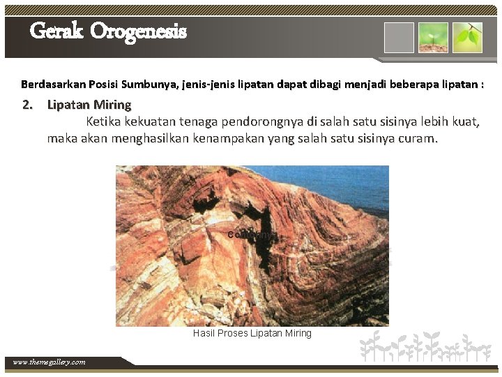 Gerak Orogenesis Berdasarkan Posisi Sumbunya, jenis-jenis lipatan dapat dibagi menjadi beberapa lipatan : 2.