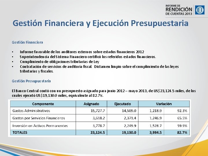 Gestión Financiera y Ejecución Presupuestaria Gestión Financiera • Informe favorable de los auditores externos