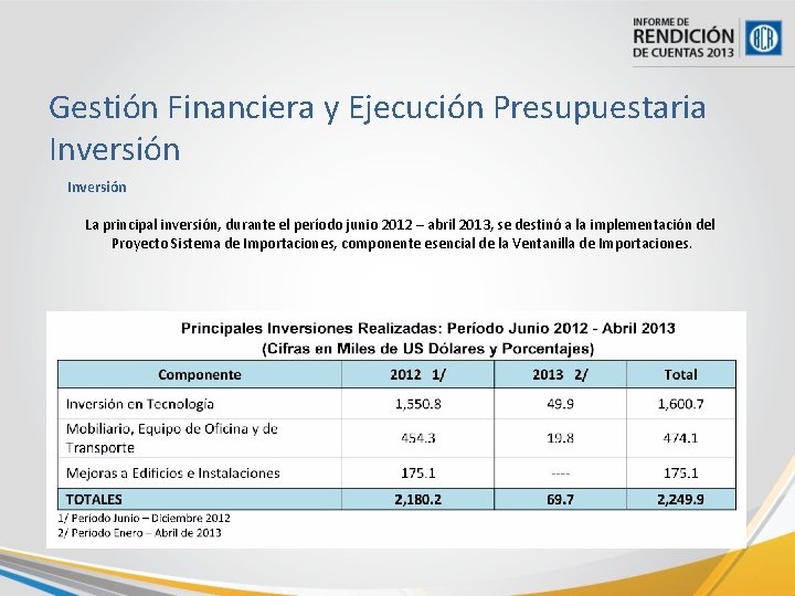 Gestión Financiera y Ejecución Presupuestaria Inversión La principal inversión, durante el período junio 2012