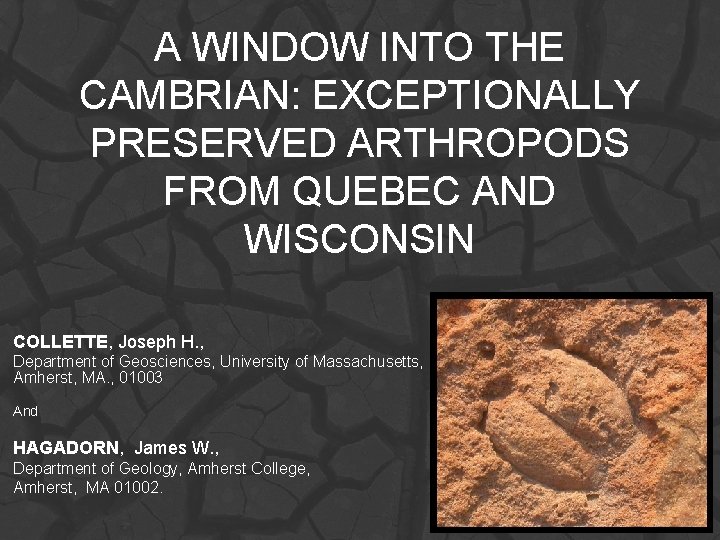 A WINDOW INTO THE CAMBRIAN: EXCEPTIONALLY PRESERVED ARTHROPODS FROM QUEBEC AND WISCONSIN COLLETTE, Joseph