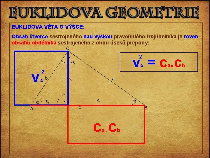 EUKLIDOVA VĚTA O VÝŠCE: Obsah čtverce sestrojeného nad výškou pravoúhlého trojúhelníka je roven obsahu