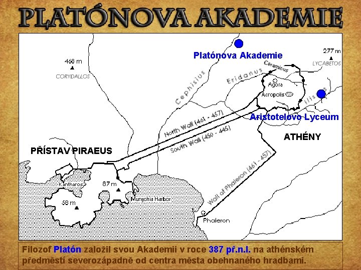 Platónova Akademie Aristotelovo Lyceum ATHÉNY PŘÍSTAV PIRAEUS Filozof Platón založil svou Akademii v roce
