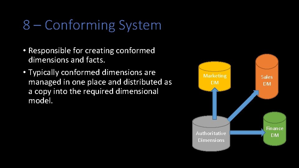 8 – Conforming System • Responsible for creating conformed dimensions and facts. • Typically