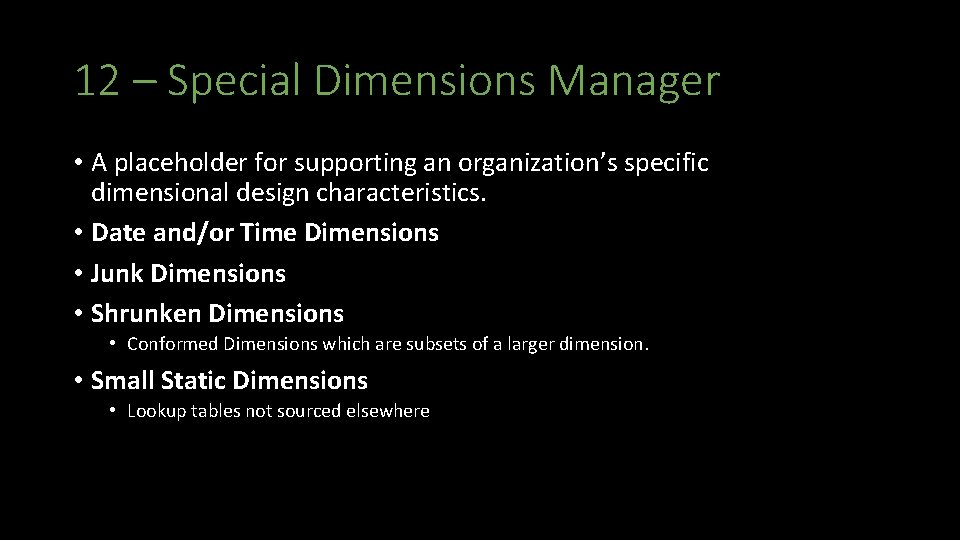 12 – Special Dimensions Manager • A placeholder for supporting an organization’s specific dimensional