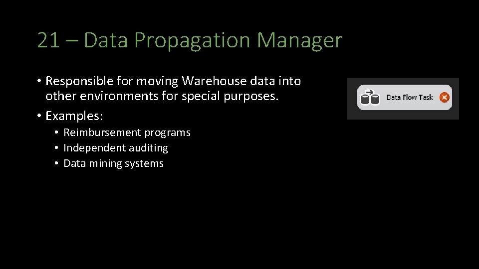 21 – Data Propagation Manager • Responsible for moving Warehouse data into other environments
