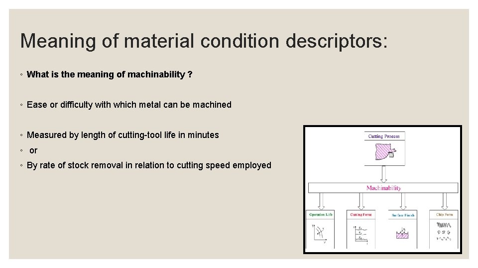 Meaning of material condition descriptors: ◦ What is the meaning of machinability ? ◦