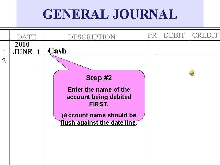 GENERAL JOURNAL 1 DATE 2010 JUNE 1 DESCRIPTION Cash 2 Step #2 Enter the