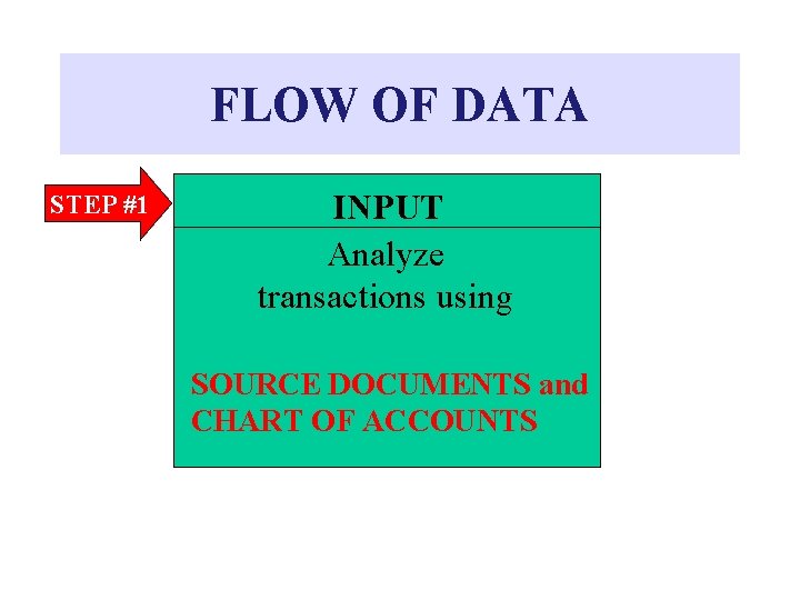 FLOW OF DATA STEP #1 INPUT Analyze transactions using SOURCE DOCUMENTS and CHART OF