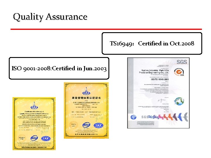 Quality Assurance TS 16949：Certified in Oct. 2008 ISO 9001 -2008: Certified in Jun. 2003