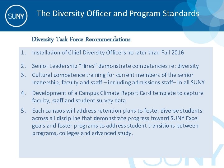 The Diversity Officer and Program Standards Diversity Task Force Recommendations 1. Installation of Chief