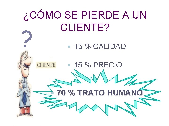 ¿CÓMO SE PIERDE A UN CLIENTE? ? § 15 % CALIDAD § 15 %