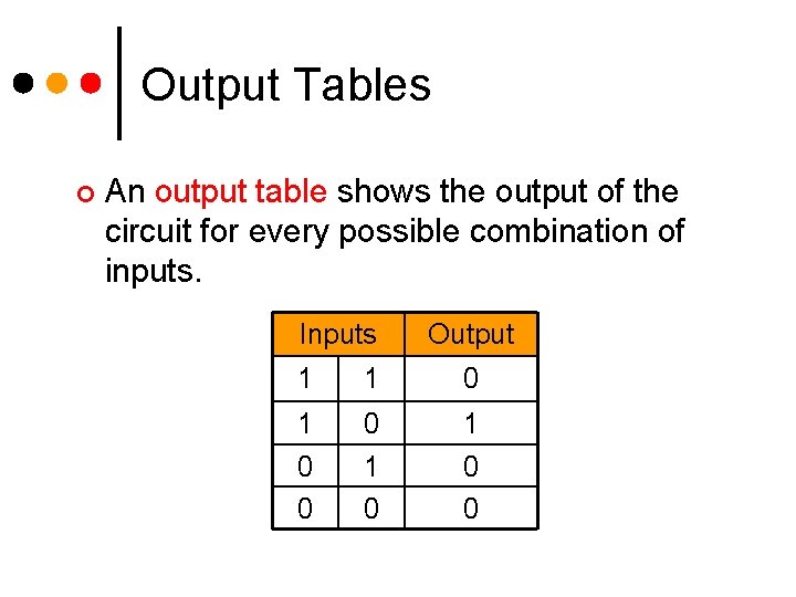 Output Tables ¢ An output table shows the output of the circuit for every Output Tables ¢ An output table shows the output of the circuit for every