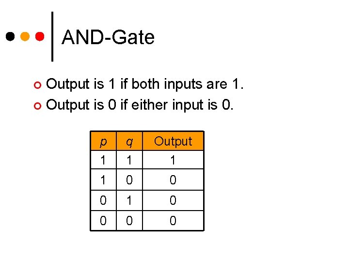 AND-Gate Output is 1 if both inputs are 1. ¢ Output is 0 if AND-Gate Output is 1 if both inputs are 1. ¢ Output is 0 if