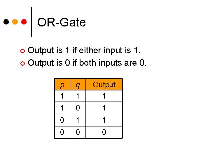 OR-Gate Output is 1 if either input is 1. ¢ Output is 0 if OR-Gate Output is 1 if either input is 1. ¢ Output is 0 if