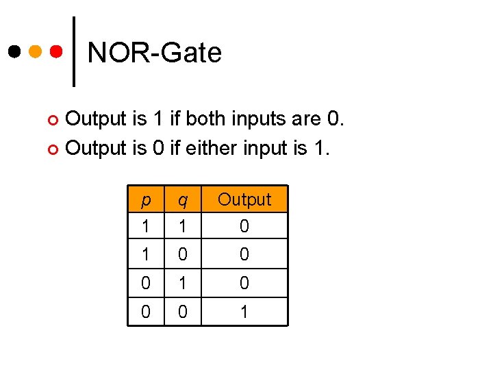 NOR-Gate Output is 1 if both inputs are 0. ¢ Output is 0 if NOR-Gate Output is 1 if both inputs are 0. ¢ Output is 0 if
