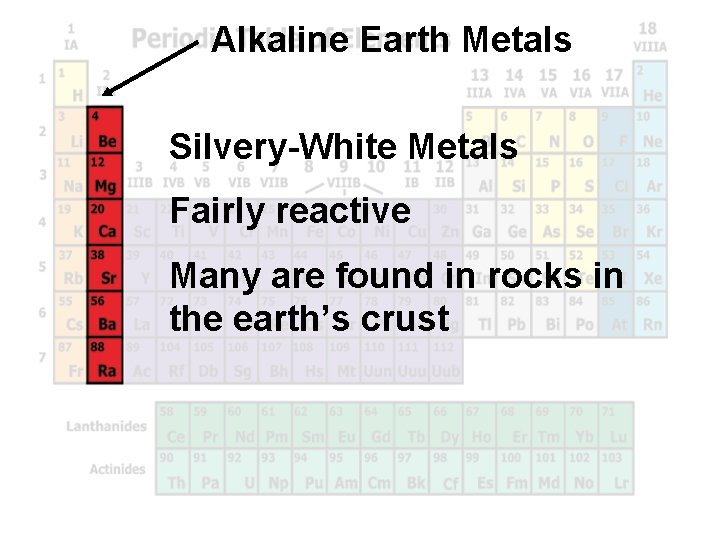 Alkaline Earth Metals Silvery-White Metals Fairly reactive Many are found in rocks in the