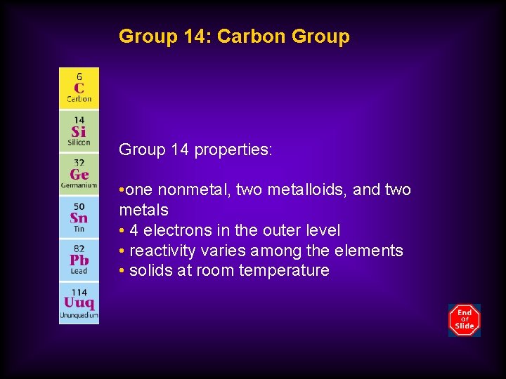 Group 14: Carbon Group 14 properties: • one nonmetal, two metalloids, and two metals