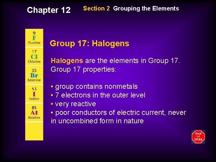 Chapter 12 Section 2 Grouping the Elements Group 17: Halogens are the elements in