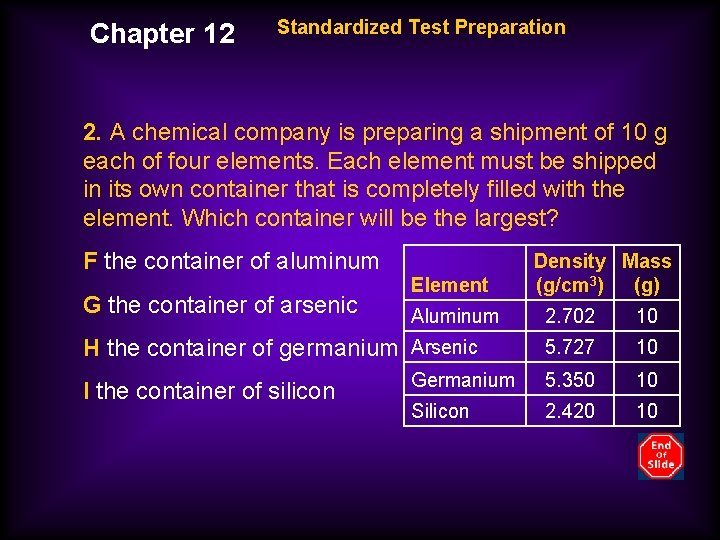 Chapter 12 Standardized Test Preparation 2. A chemical company is preparing a shipment of