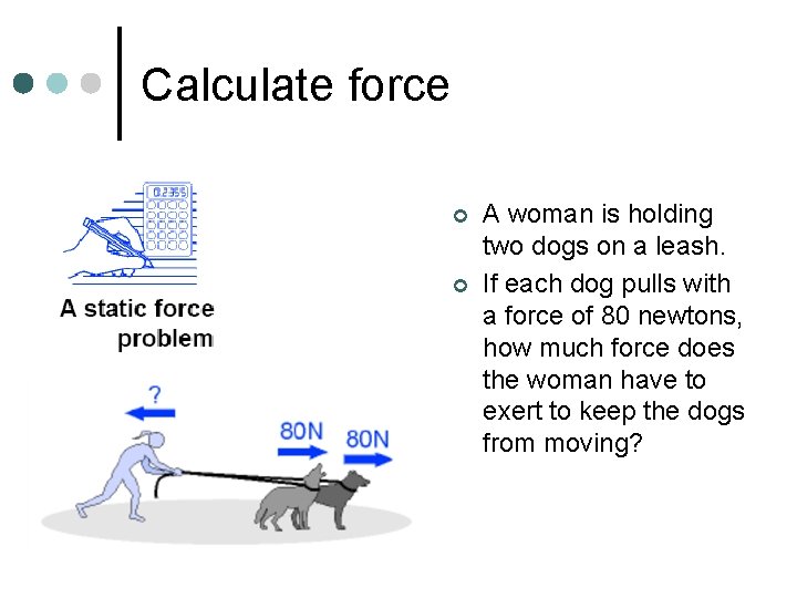 Calculate force ¢ ¢ A woman is holding two dogs on a leash. If