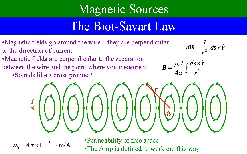 Magnetic Sources The Biot-Savart Law • Magnetic fields go around the wire – they