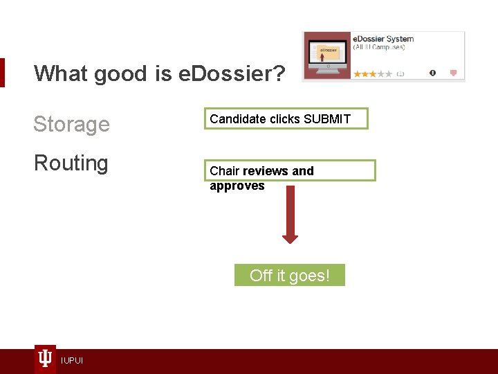 What good is e. Dossier? Storage Routing Candidate clicks SUBMIT Chair reviews and approves