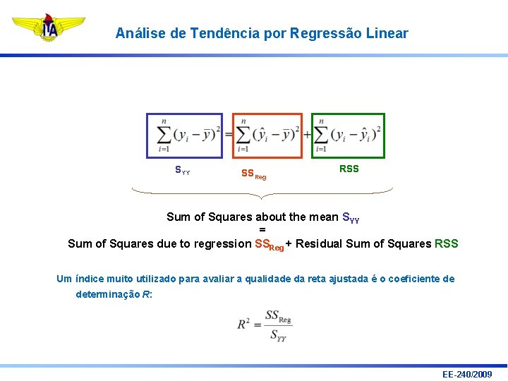 Análise de Tendência por Regressão Linear SYY SSReg RSS Sum of Squares about the