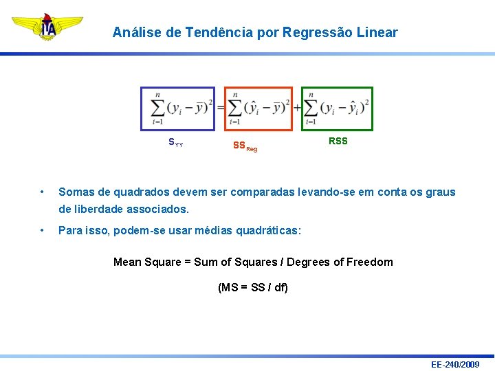 Análise de Tendência por Regressão Linear SYY • SSReg RSS Somas de quadrados devem