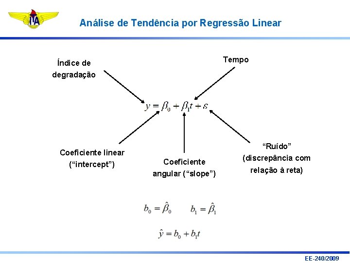 Análise de Tendência por Regressão Linear Tempo Índice de degradação Coeficiente linear (“intercept”) Coeficiente