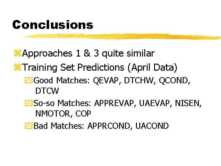 Conclusions z. Approaches 1 & 3 quite similar z. Training Set Predictions (April Data)