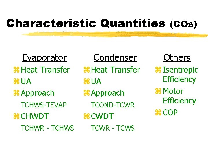 Characteristic Quantities Evaporator z Heat Transfer z UA z Approach TCHWS-TEVAP z CHWDT TCHWR