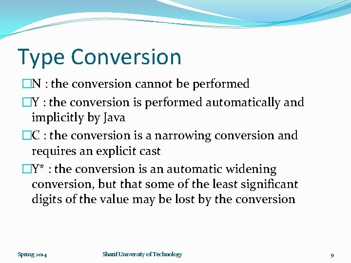 Type Conversion �N : the conversion cannot be performed �Y : the conversion is