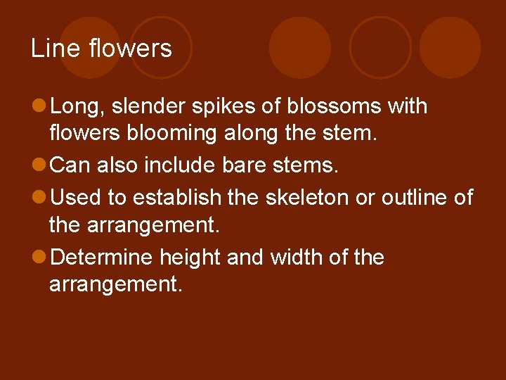 Line flowers l Long, slender spikes of blossoms with flowers blooming along the stem.