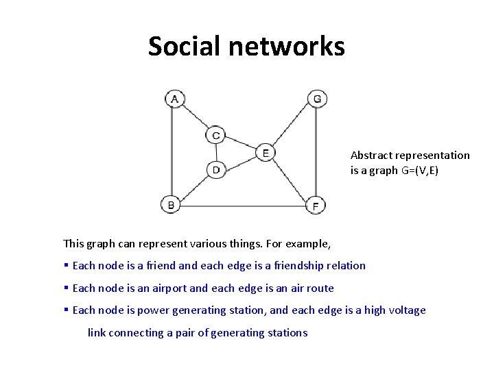 Social networks Abstract representation is a graph G=(V, E) This graph can represent various