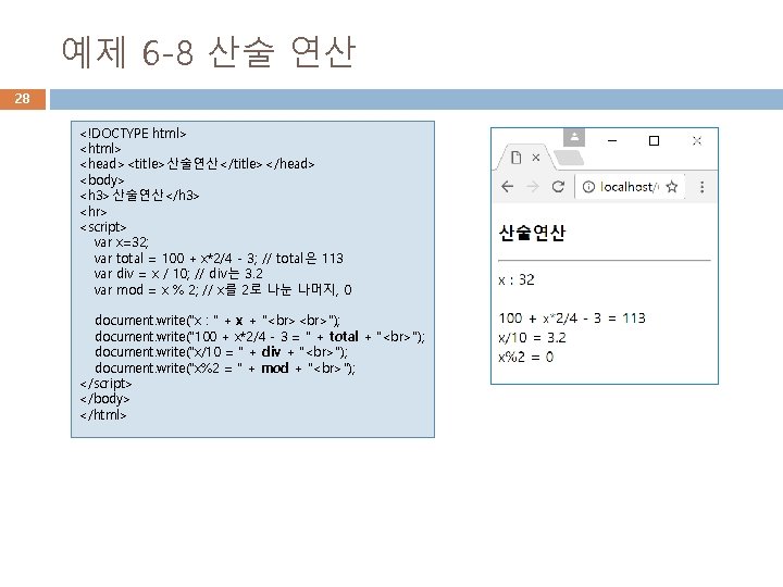 예제 6 -8 산술 연산 28 <!DOCTYPE html> <head><title>산술연산</title></head> <body> <h 3>산술연산</h 3> <hr>