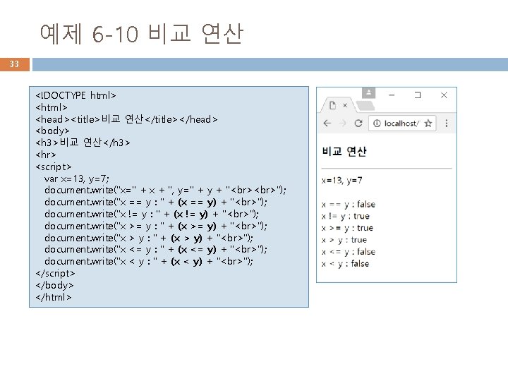 예제 6 -10 비교 연산 33 <!DOCTYPE html> <head><title>비교 연산</title></head> <body> <h 3>비교 연산</h