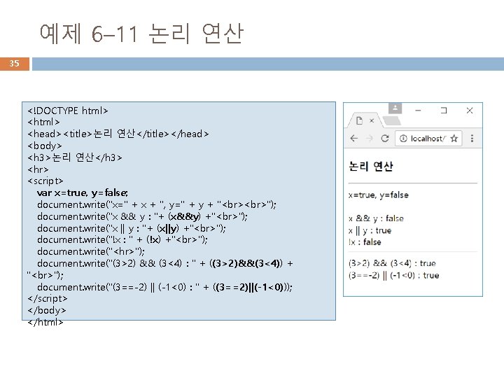 예제 6– 11 논리 연산 35 <!DOCTYPE html> <head><title>논리 연산</title></head> <body> <h 3>논리 연산</h