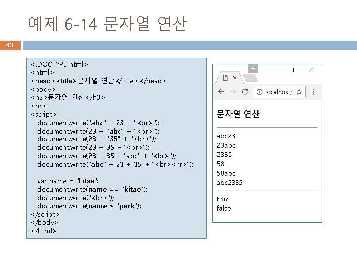 예제 6 -14 문자열 연산 43 <!DOCTYPE html> <head><title>문자열 연산</title></head> <body> <h 3>문자열 연산</h