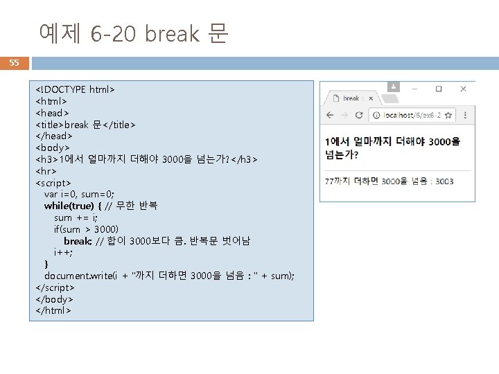 예제 6 -20 break 문 55 <!DOCTYPE html> <head> <title>break 문</title> </head> <body> <h