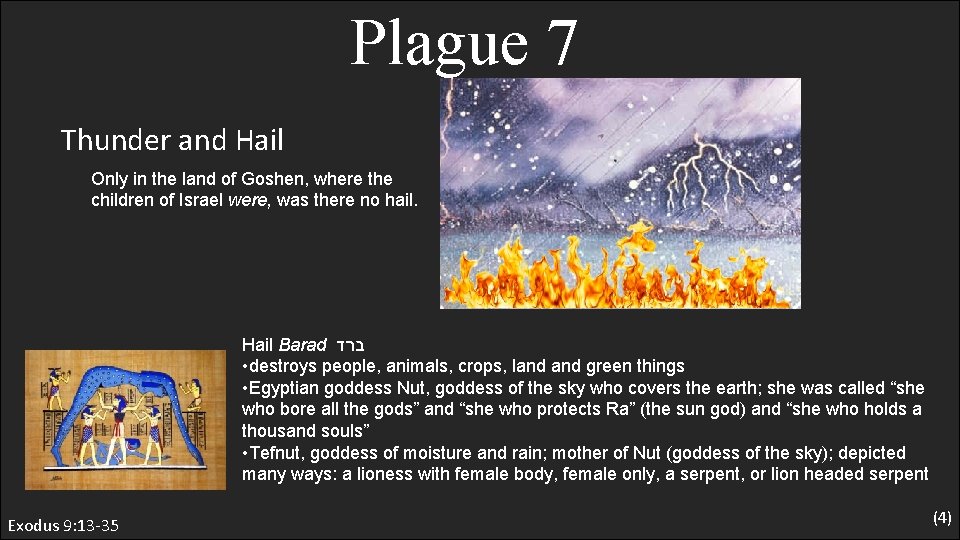 Plague 7 Thunder and Hail Only in the land of Goshen, where the children