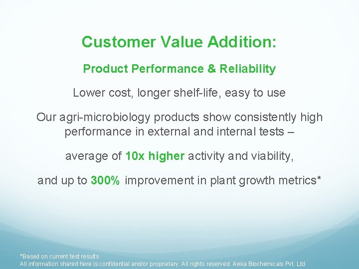 Customer Value Addition: Product Performance & Reliability Lower cost, longer shelf-life, easy to use