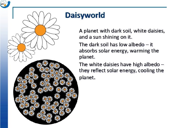 Daisyworld A planet with dark soil, white daisies, and a sun shining on it.