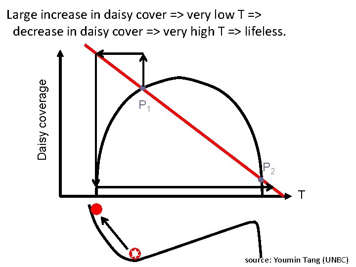 Daisy coverage Large increase in daisy cover => very low T => decrease in Daisy coverage Large increase in daisy cover => very low T => decrease in
