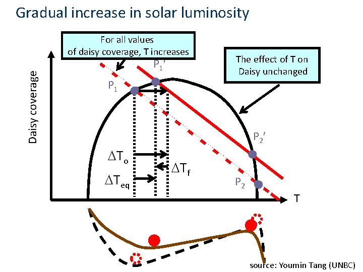 Gradual increase in solar luminosity Daisy coverage For all values of daisy coverage, T