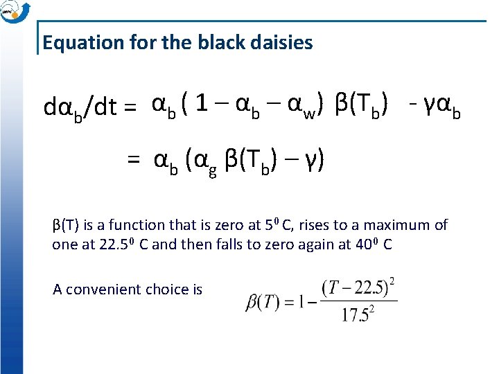 Equation for the black daisies dαb/dt = αb ( 1 – αb – αw) Equation for the black daisies dαb/dt = αb ( 1 – αb – αw)